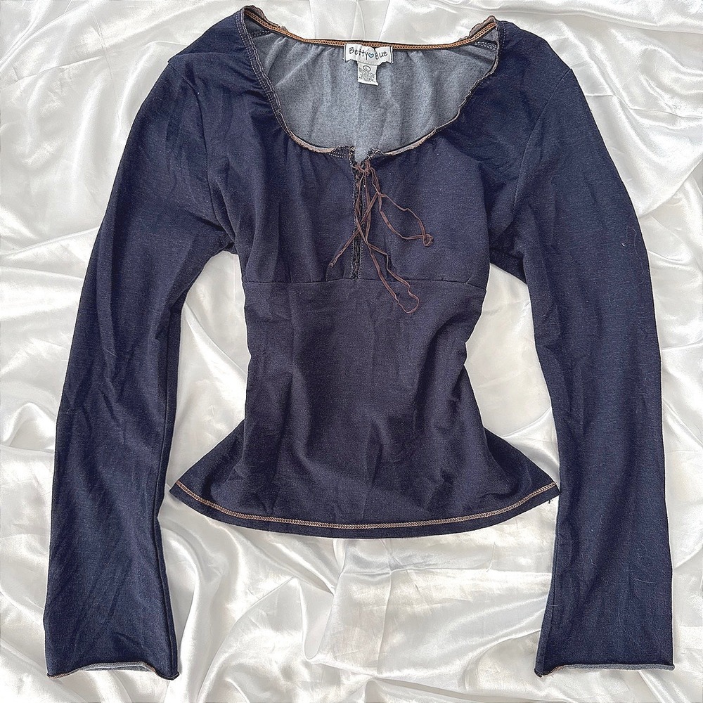 Betty Blue Y2K Navy Blue Lace Up Long Sleeve Top Lettuce Edge Fairycore L